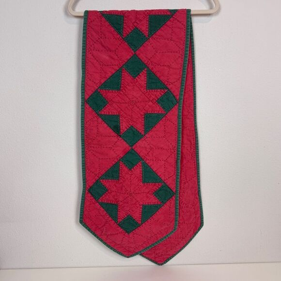 Vintage Handmade Quilted Christmas Star Table Runner Red Green 22x64 - Picture 1 of 9
